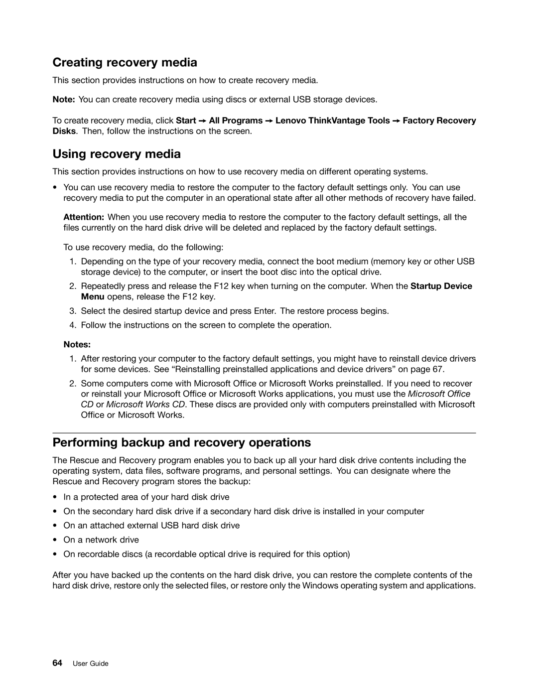 Lenovo E525, E425 manual Creating recovery media, Using recovery media, Performing backup and recovery operations 