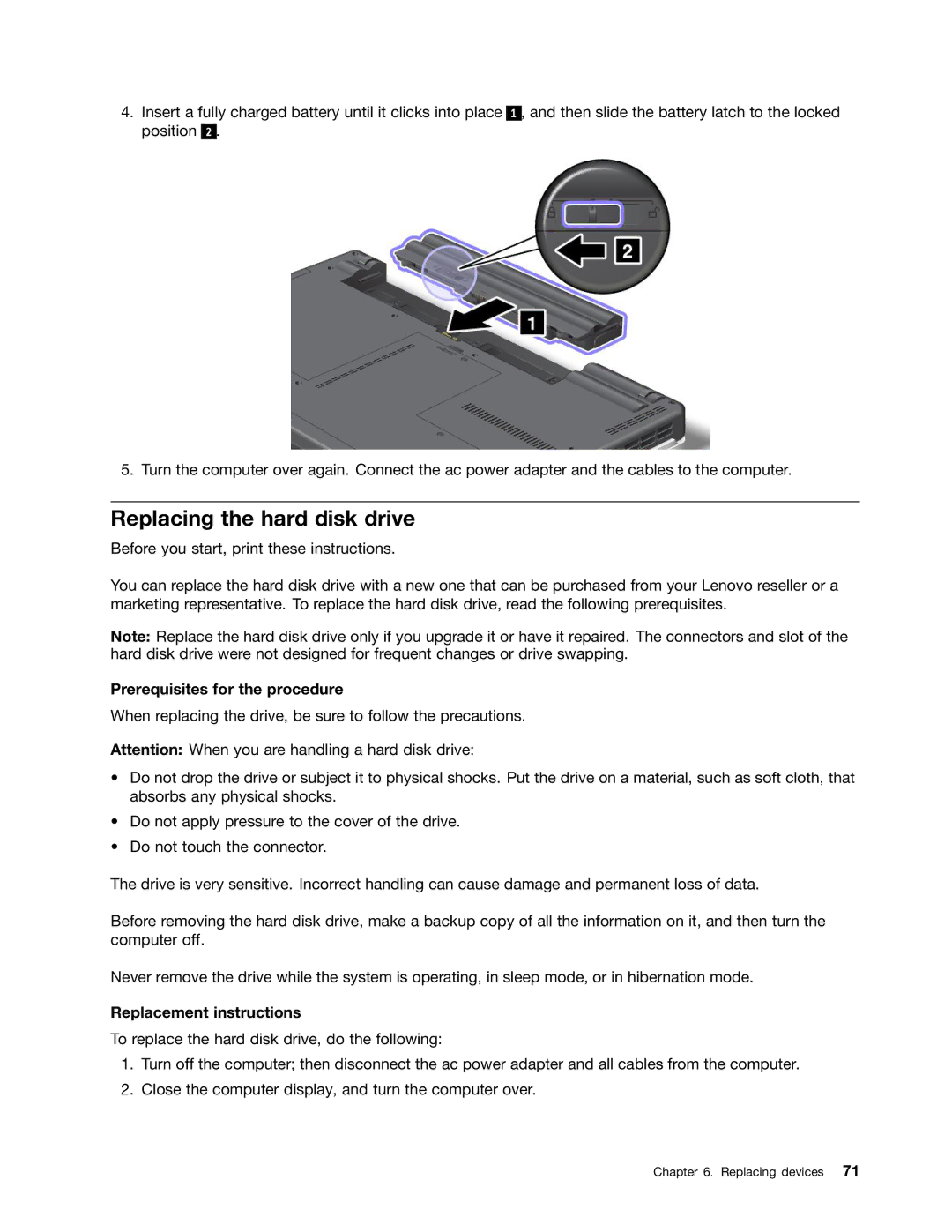 Lenovo E425, E525 manual Replacing the hard disk drive, Prerequisites for the procedure, Replacement instructions 