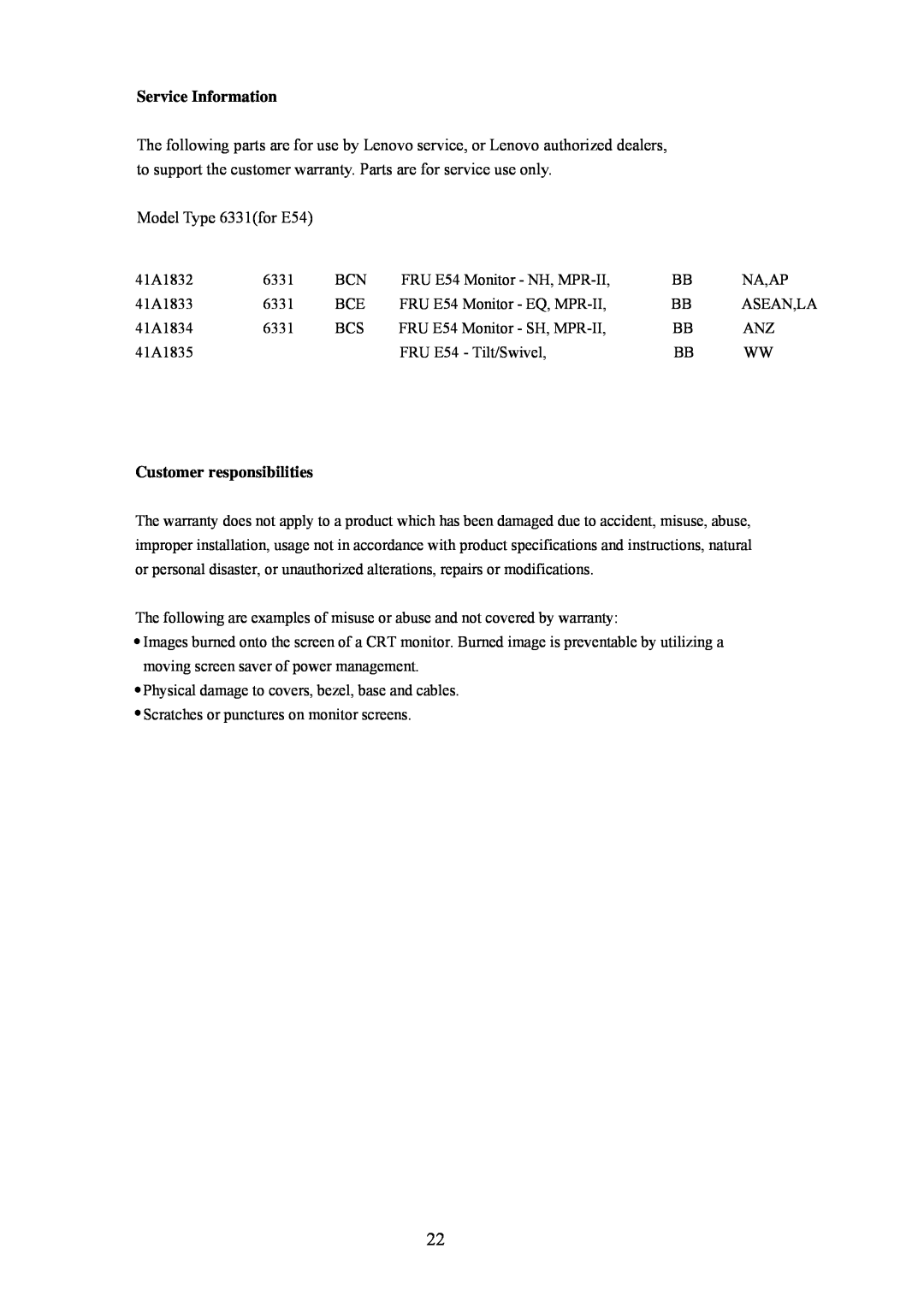 Lenovo manual Service Information, Model Type 6331for E54, Customer responsibilities 