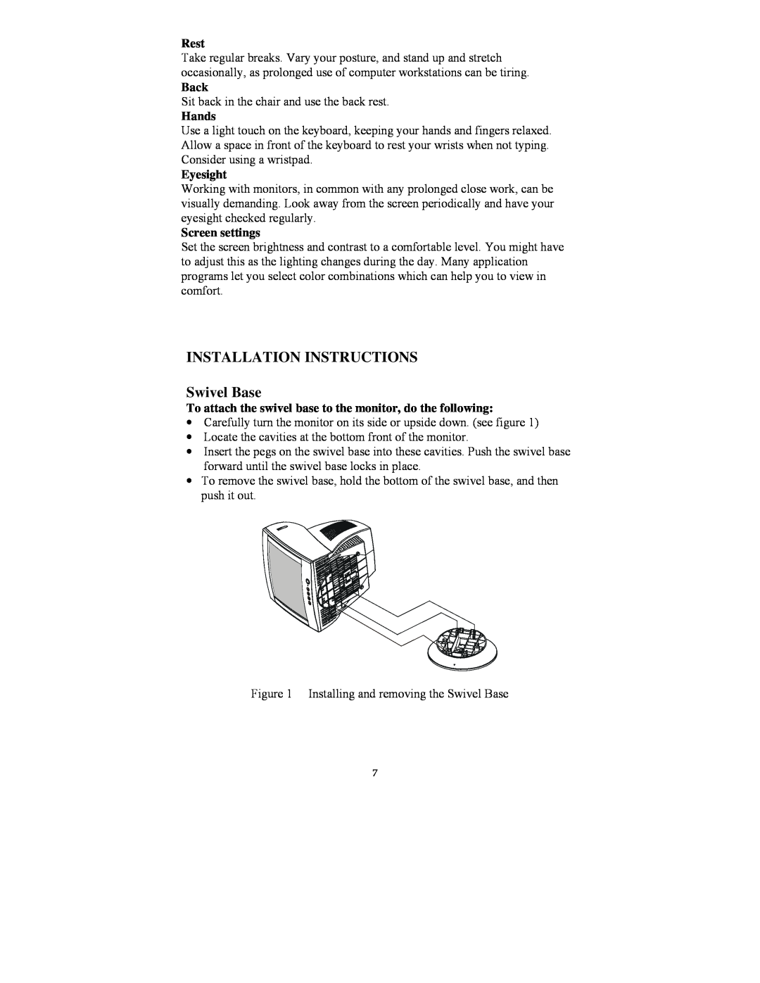 Lenovo E54 manual INSTALLATION INSTRUCTIONS Swivel Base, Rest, Back, Hands, Eyesight, Screen settings 