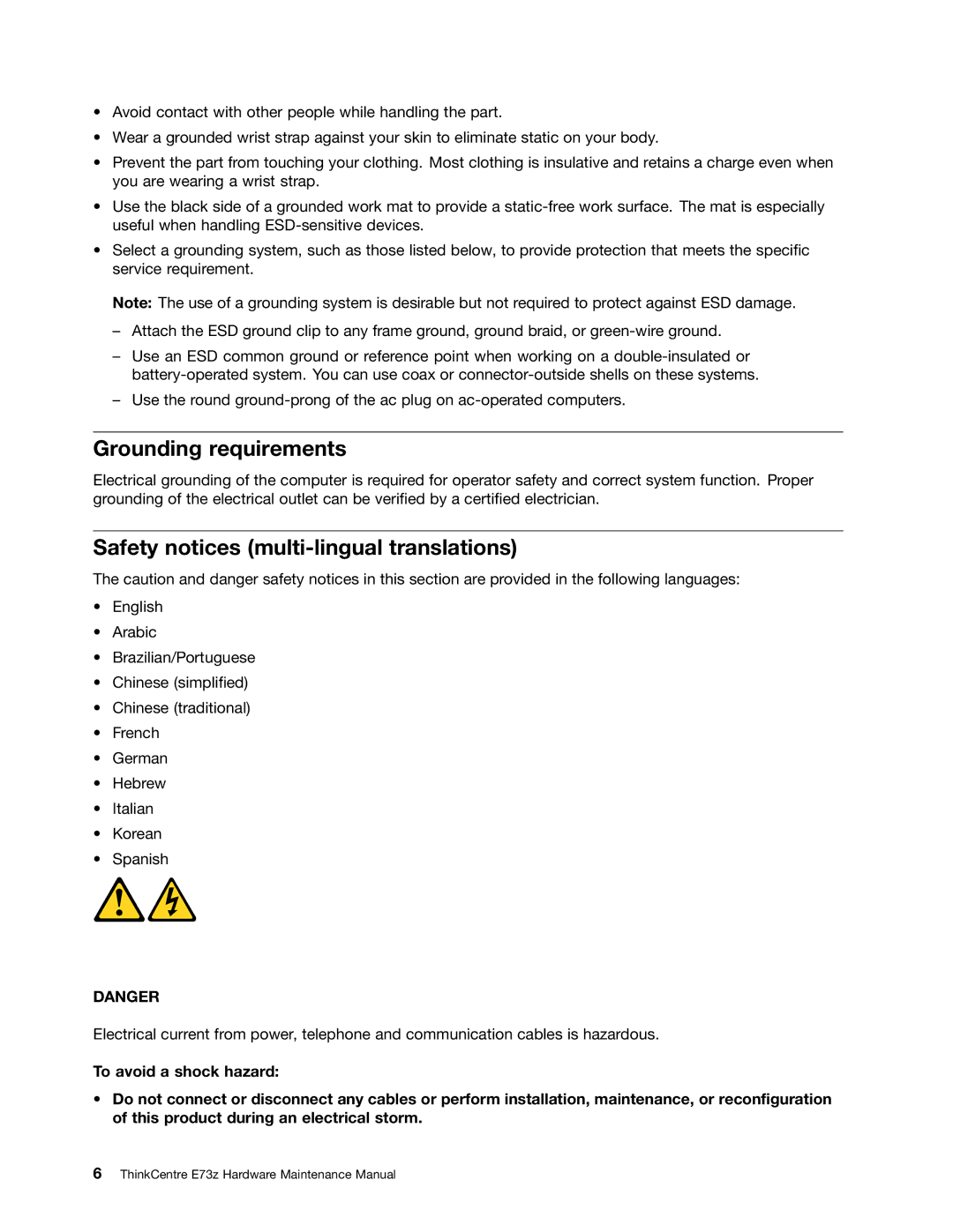 Lenovo E73Z, 10BL manual Grounding requirements, Safety notices multi-lingual translations 