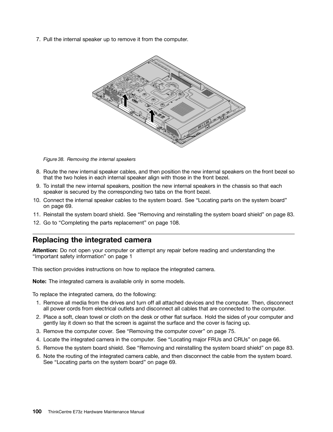 Lenovo E73Z, 10BL manual Replacing the integrated camera, Removing the internal speakers 