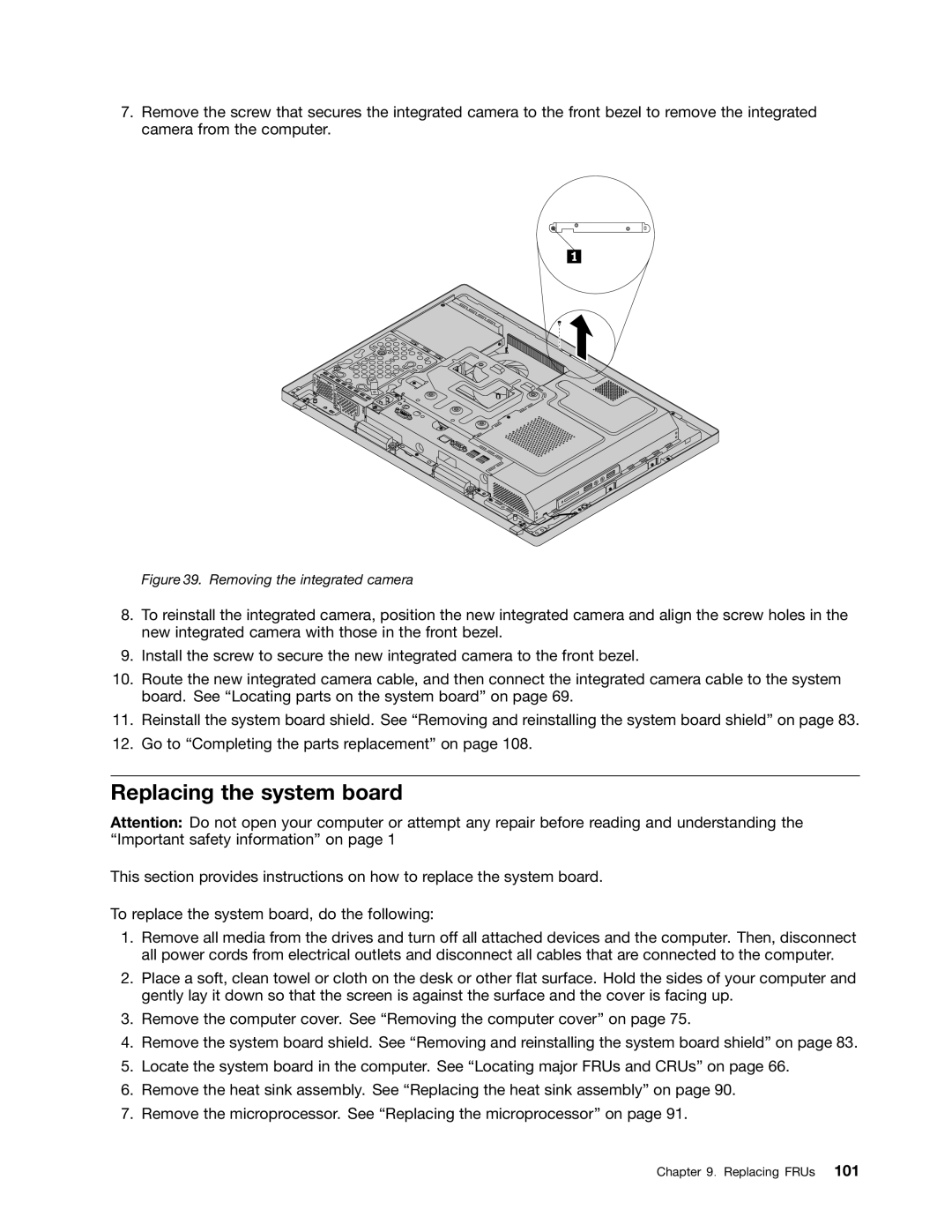 Lenovo 10BL, E73Z manual Replacing the system board, Removing the integrated camera 