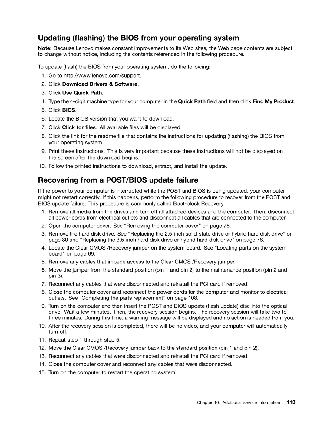Lenovo 10BL, E73Z manual Updating flashing the Bios from your operating system, Recovering from a POST/BIOS update failure 