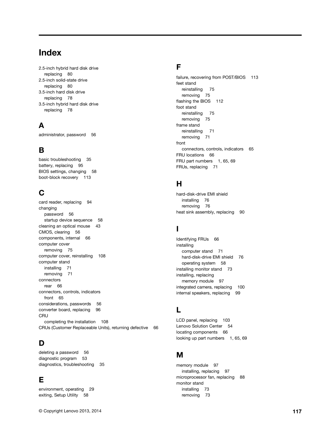 Lenovo 10BL, E73Z manual Index, 117 