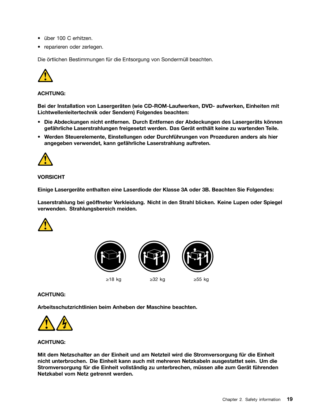 Lenovo 10BL, E73Z manual Achtung, Arbeitsschutzrichtlinien beim Anheben der Maschine beachten 