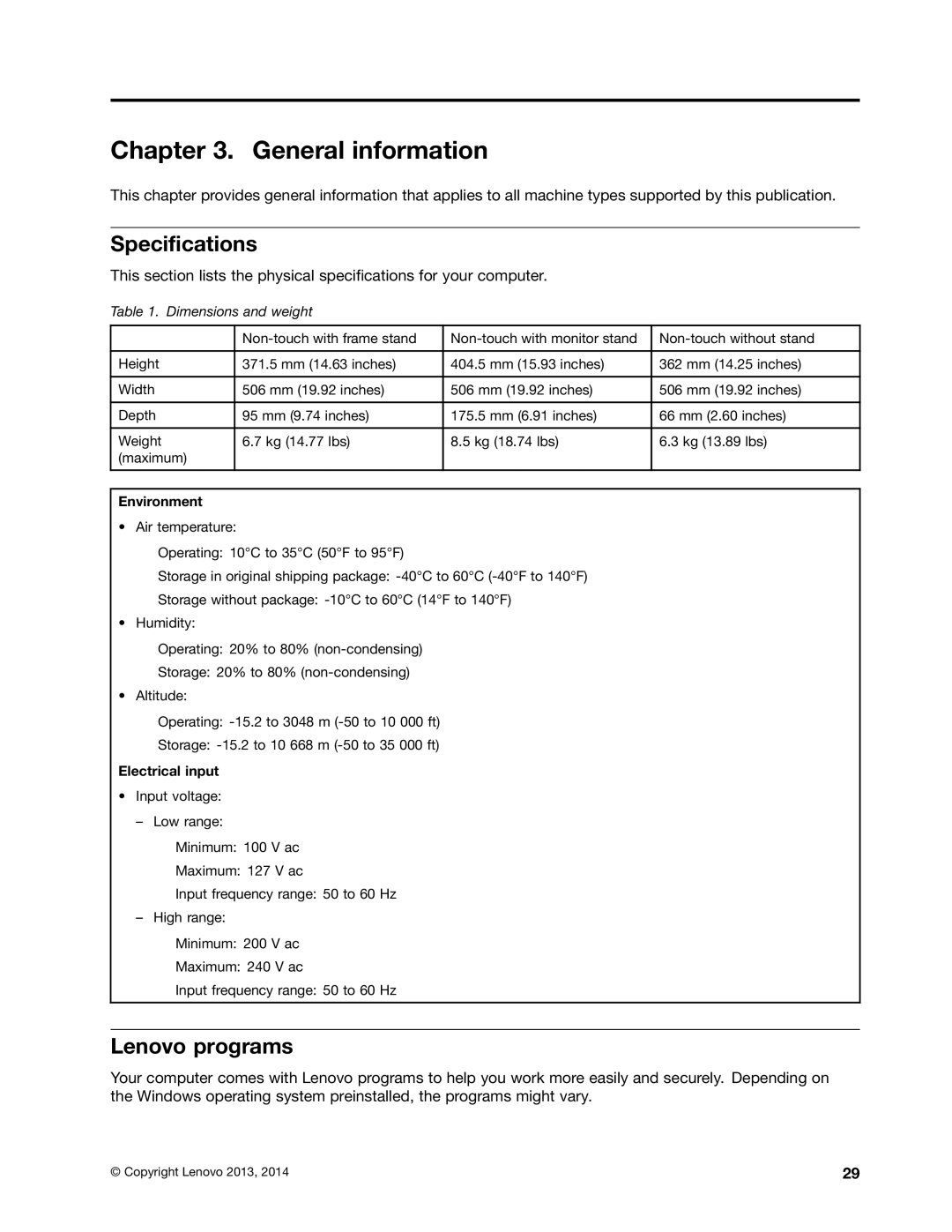 Lenovo 10BL, E73Z manual General information, Specifications, Lenovo programs, Environment, Electrical input 