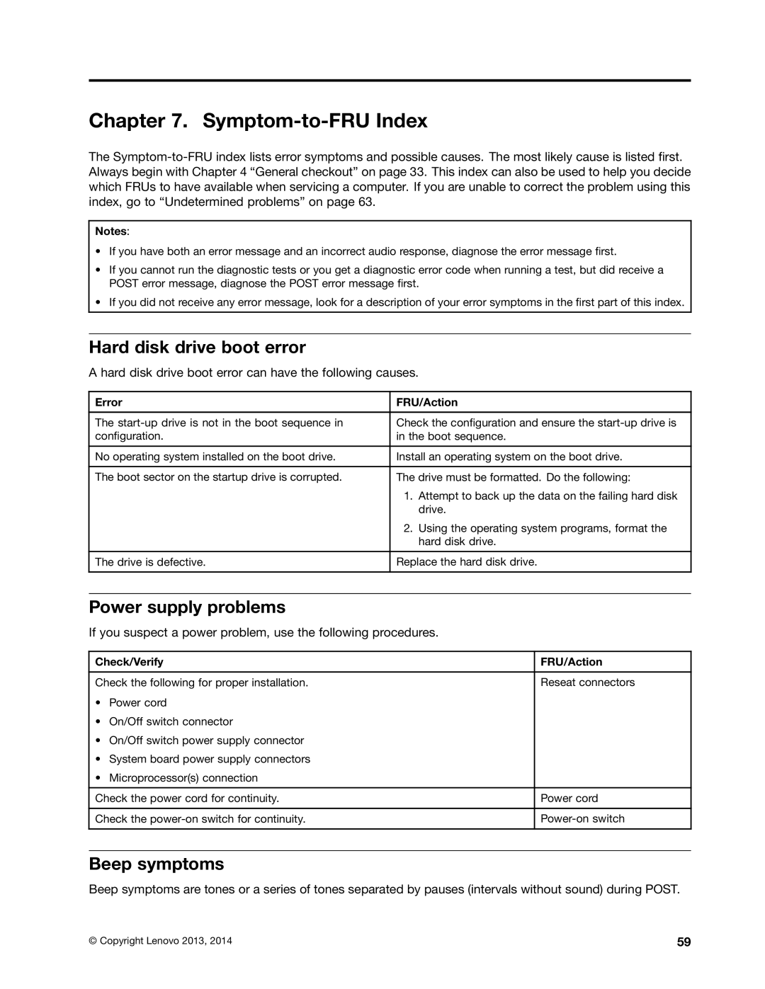 Lenovo 10BL, E73Z manual Symptom-to-FRU Index, Hard disk drive boot error, Power supply problems, Beep symptoms 