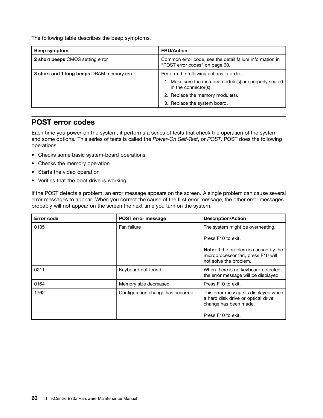 Lenovo E73Z, 10BL manual Post error codes, Beep symptom FRU/Action, Short and 1 long beeps Dram memory error 