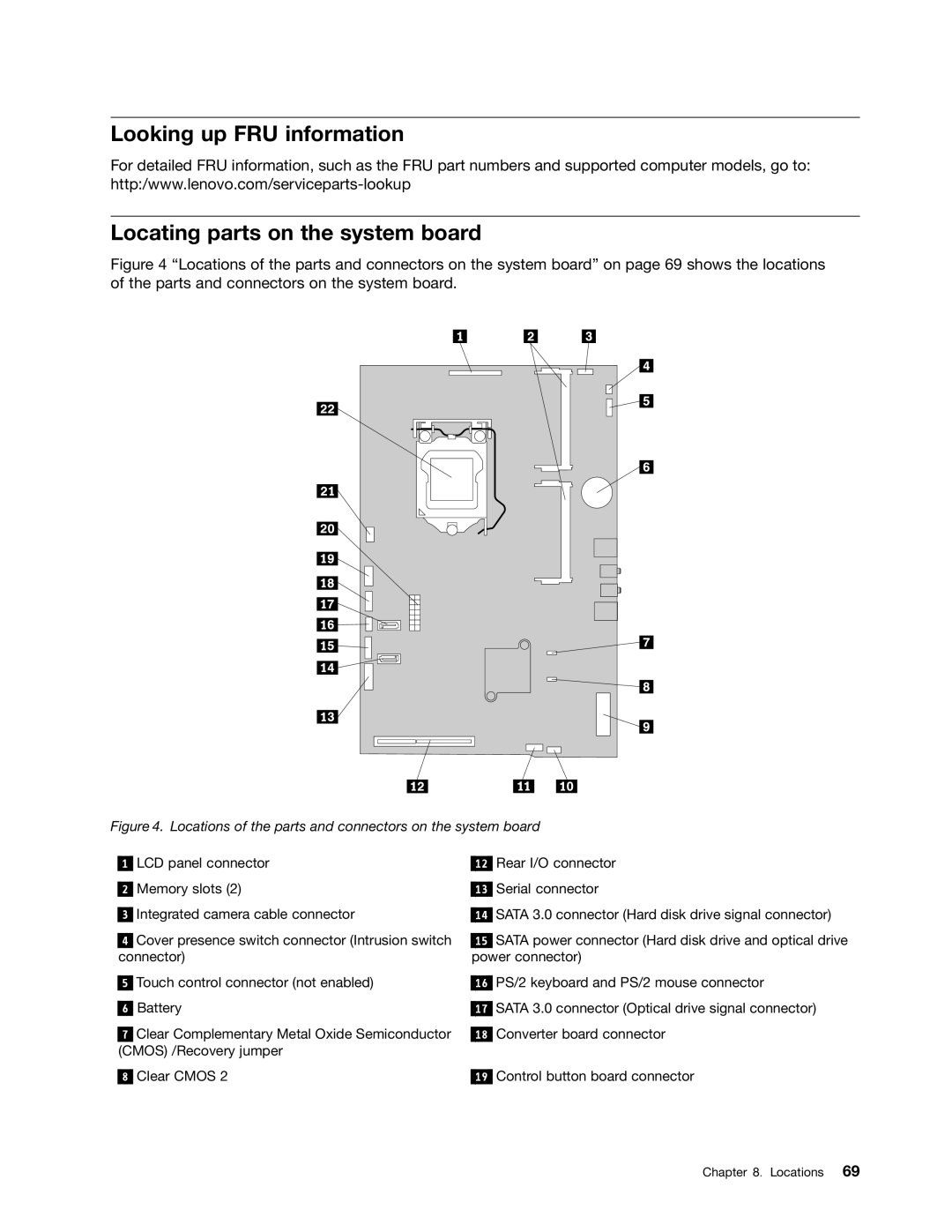 Lenovo 10BL, E73Z manual Locations of the parts and connectors on the system board 