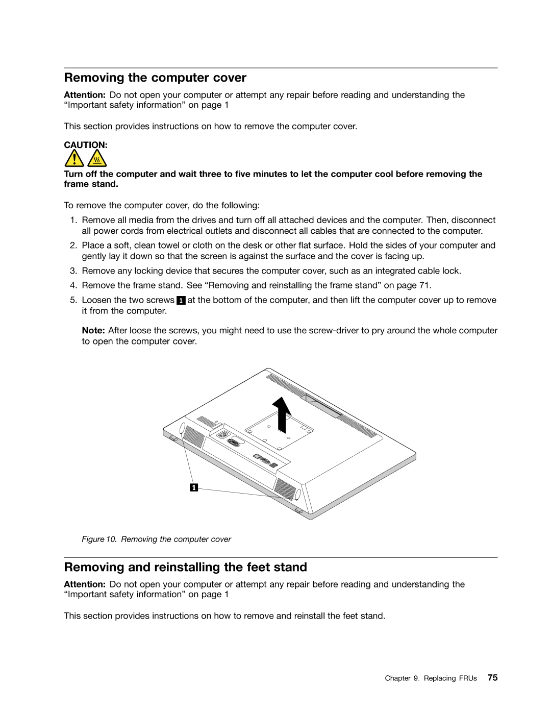 Lenovo 10BL, E73Z manual Removing the computer cover, Removing and reinstalling the feet stand 