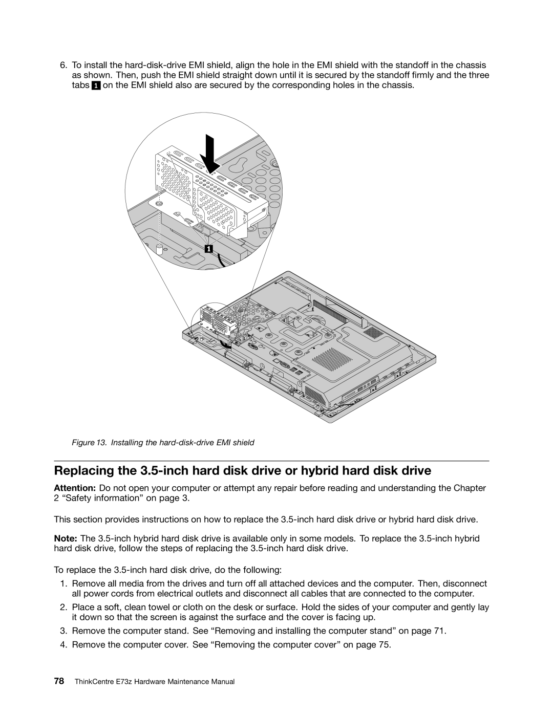 Lenovo E73Z, 10BL manual Installing the hard-disk-drive EMI shield 