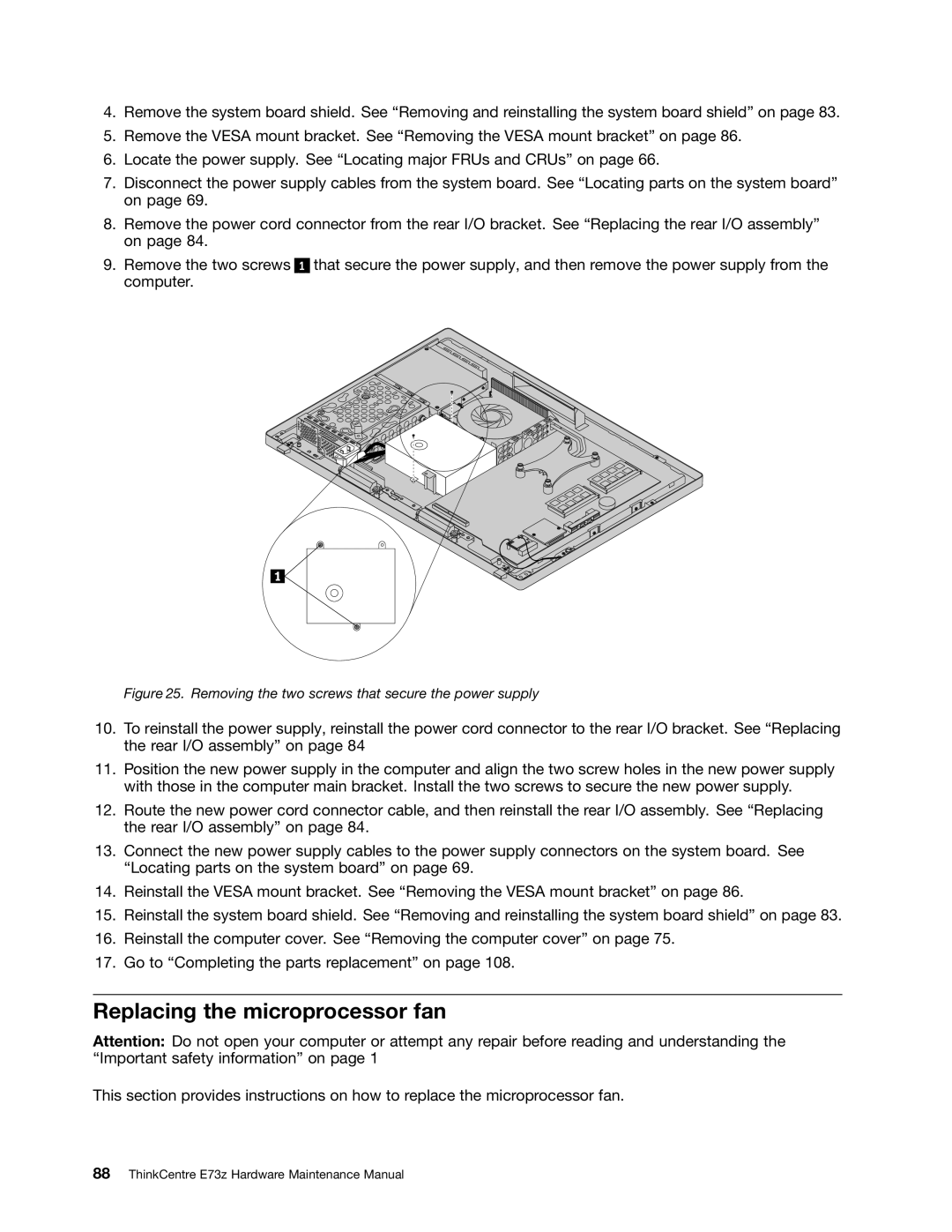 Lenovo E73Z, 10BL manual Replacing the microprocessor fan, Removing the two screws that secure the power supply 