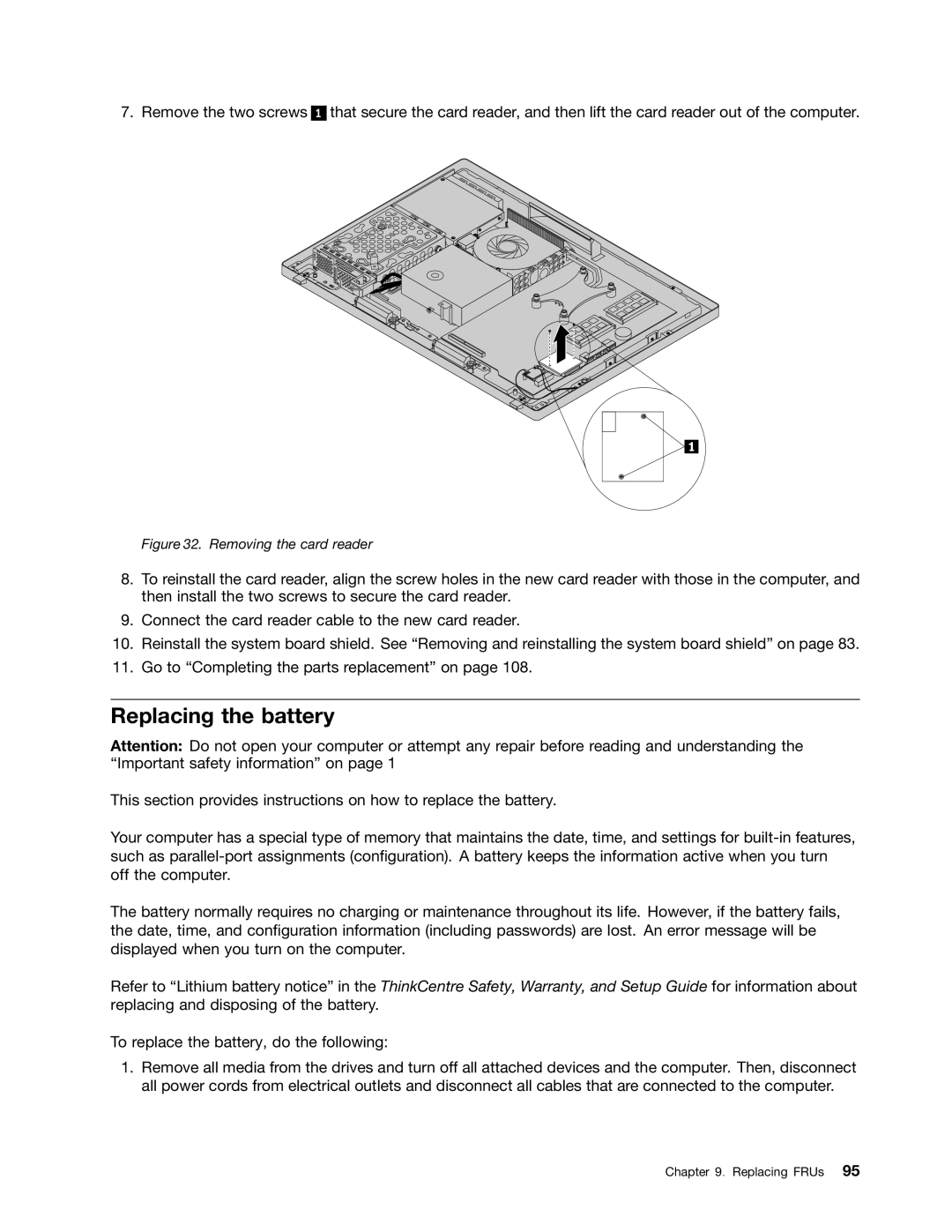 Lenovo 10BL, E73Z manual Replacing the battery, Removing the card reader 