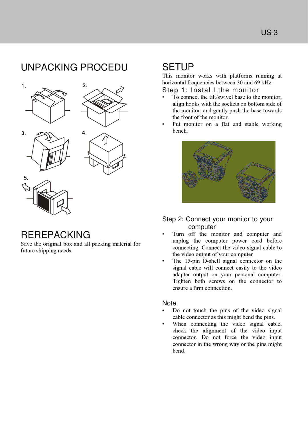 Lenovo E74 manual Unpacking Procedu Setup, Rerepacking, Install the monitor, Connect your monitor to your computer 