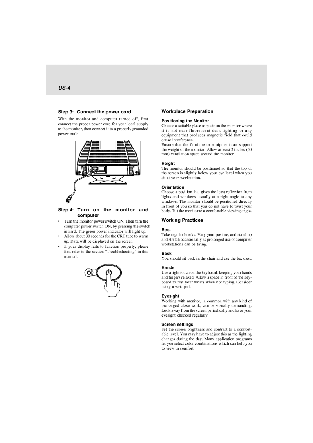 Lenovo E74 manual Connect the power cord, Turn on the monitor and computer, Workplace Preparation, Working Practices 