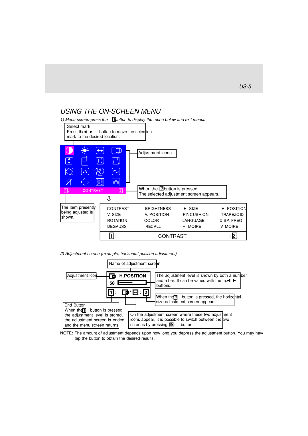 Lenovo E74 manual Using the ON-SCREEN Menu, Item presently being adjusted is shown 