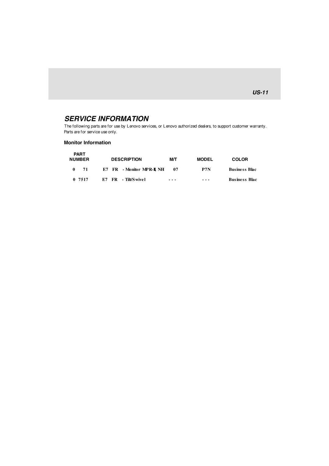 Lenovo E74 manual Service Information, Monitor Information 