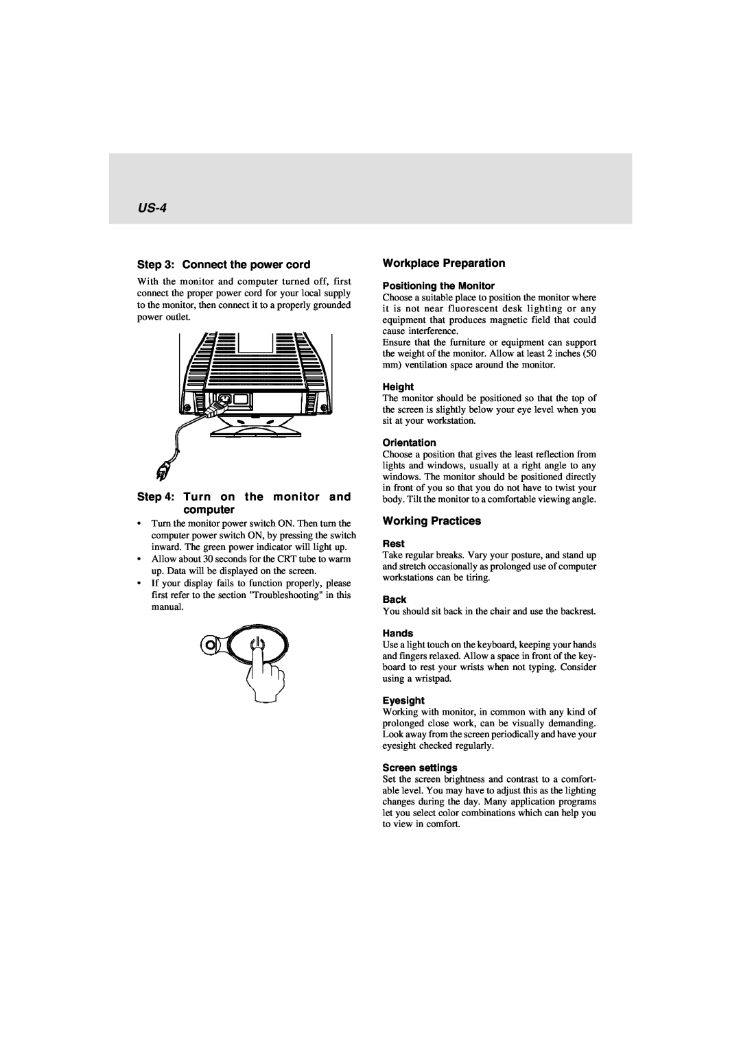 Lenovo E74 manual US-4, Positioning the Monitor, Height, Orientation, Rest, Back, Hands, Eyesight, Screen settings 