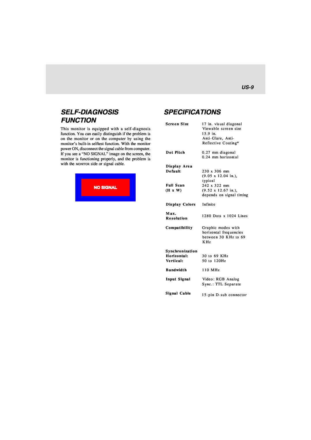 Lenovo E74 manual Self-Diagnosis Function, Specifications, US-9 
