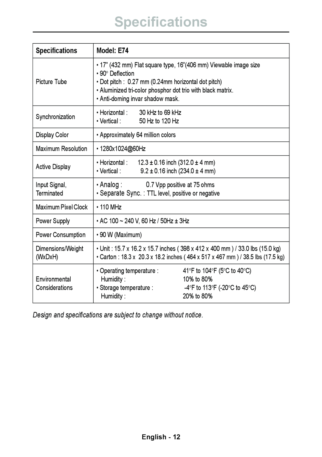 Lenovo manual Specifications, Model E74, English 