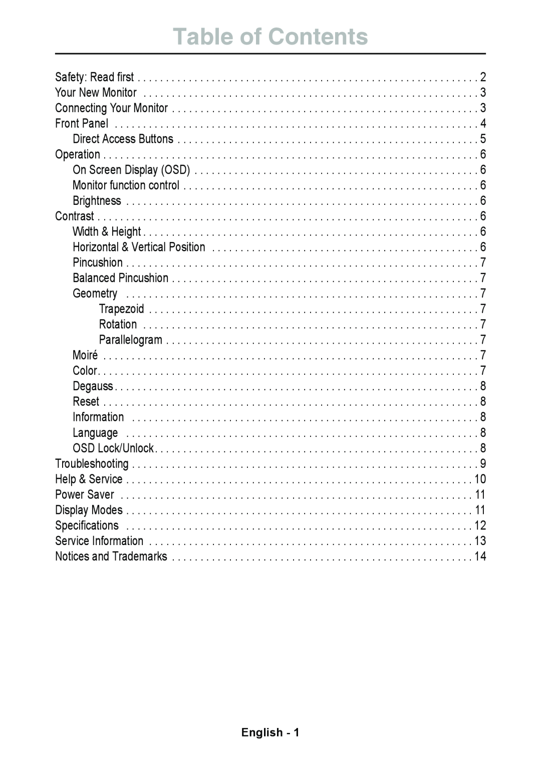 Lenovo E74 manual Table of Contents, English 