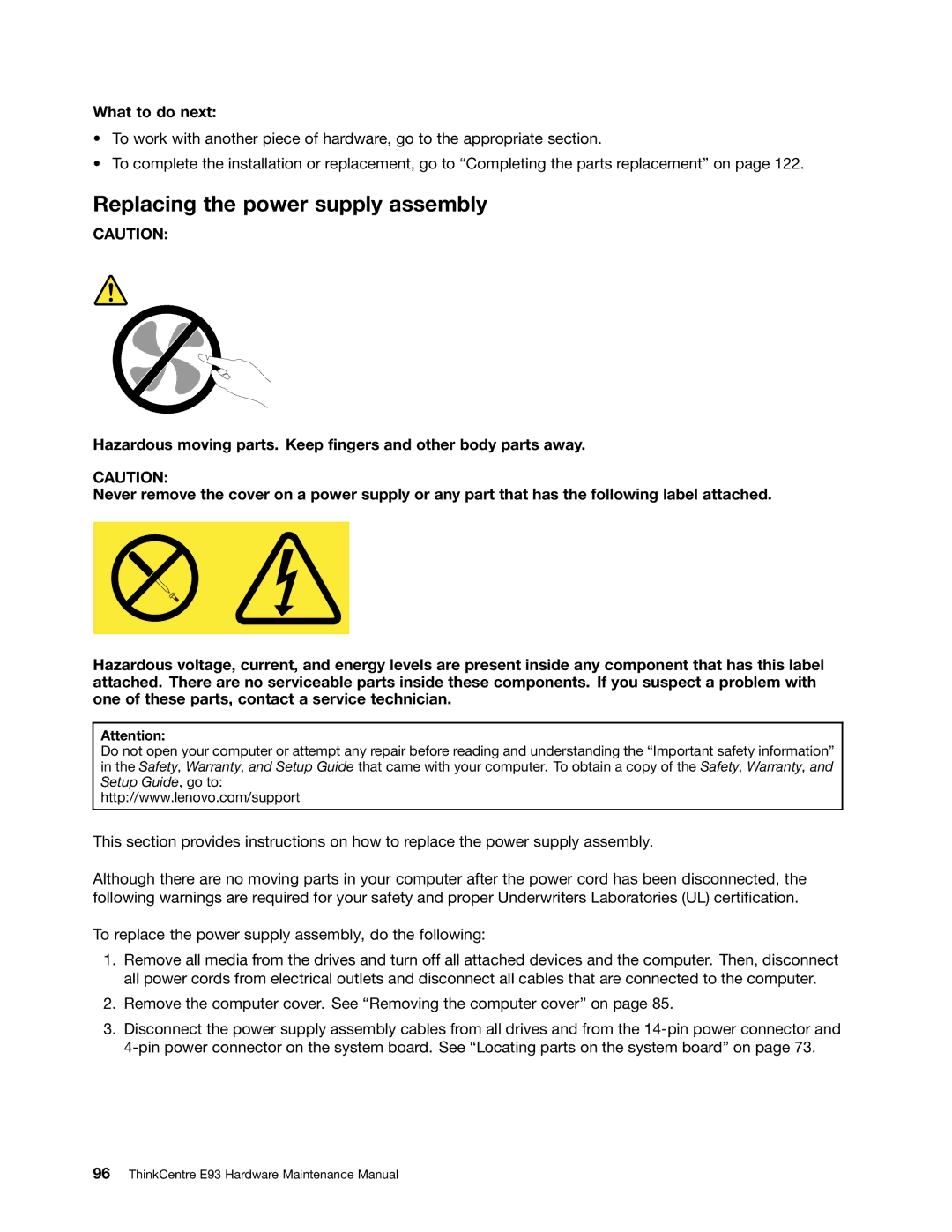 Lenovo E93 manual Replacing the power supply assembly 