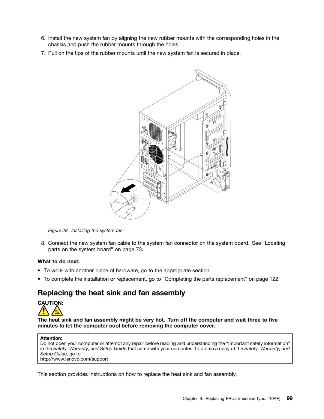 Lenovo E93 manual Replacing the heat sink and fan assembly, Installing the system fan 