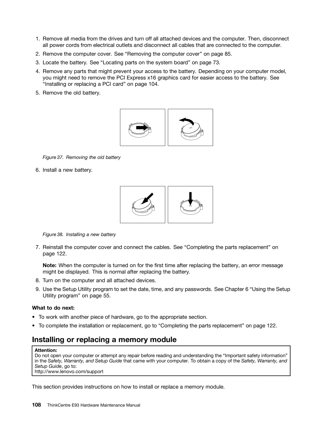 Lenovo E93 manual Installing or replacing a memory module, Removing the old battery 