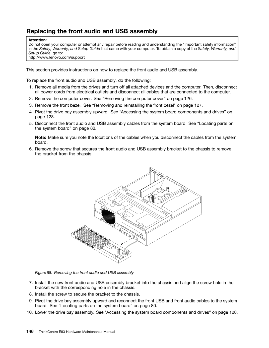 Lenovo E93 manual Replacing the front audio and USB assembly 