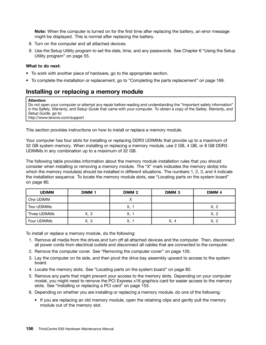 Lenovo E93 manual Installing or replacing a memory module 
