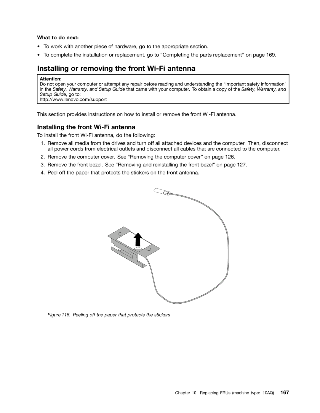 Lenovo E93 manual Installing or removing the front Wi-Fi antenna 