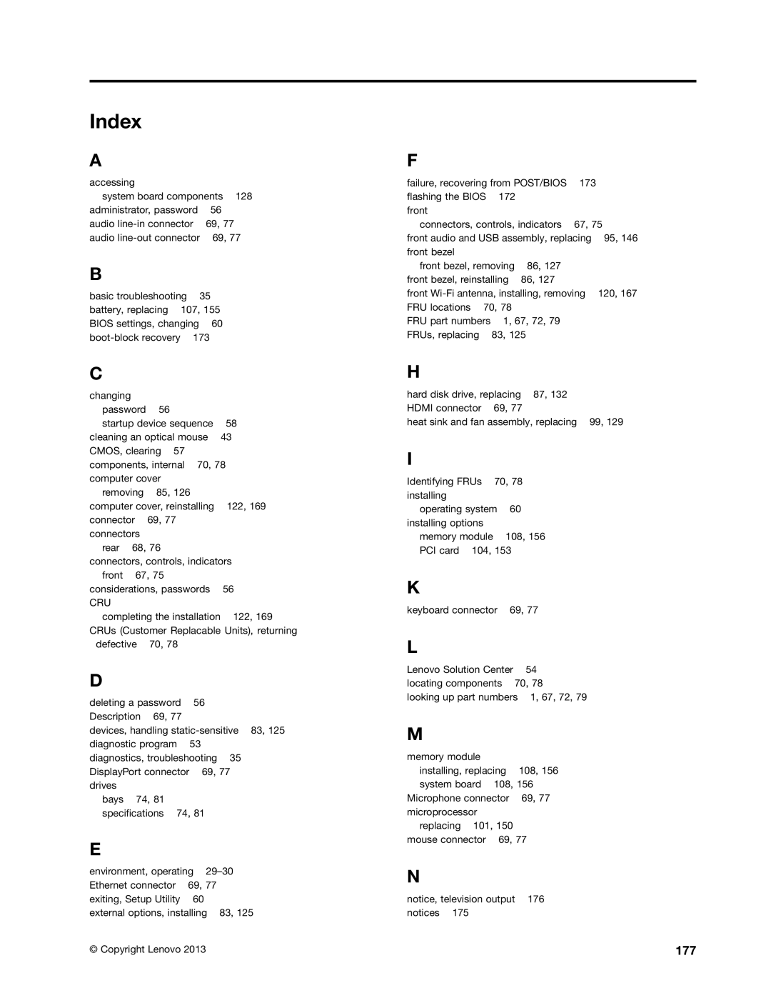 Lenovo E93 manual Index, 177 