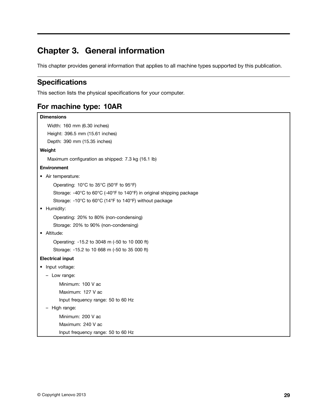 Lenovo E93 manual General information, Specifications, For machine type 10AR 