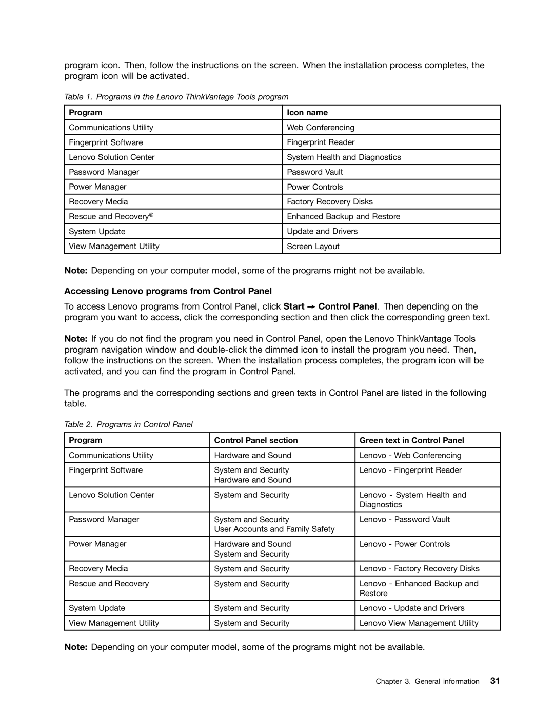 Lenovo E93 manual Accessing Lenovo programs from Control Panel, Program Icon name 