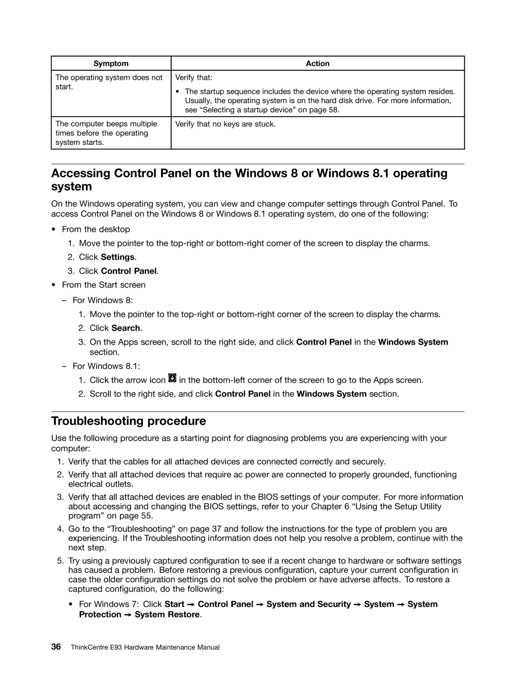 Lenovo E93 manual Troubleshooting procedure, Click Settings Click Control Panel 