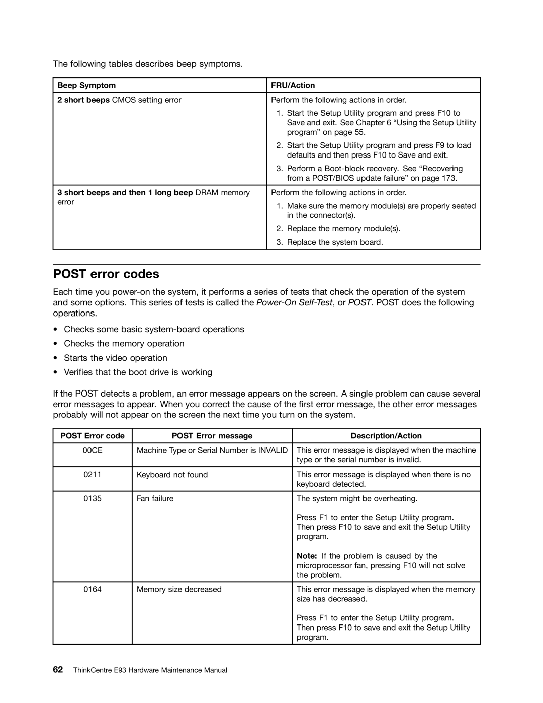 Lenovo E93 manual Post error codes, Beep Symptom FRU/Action, Short beeps and then 1 long beep Dram memory 