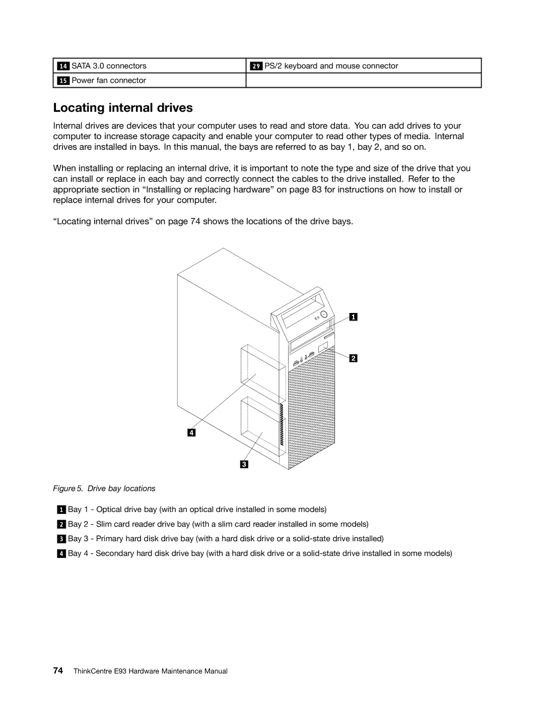 Lenovo E93 manual Locating internal drives, Drive bay locations 