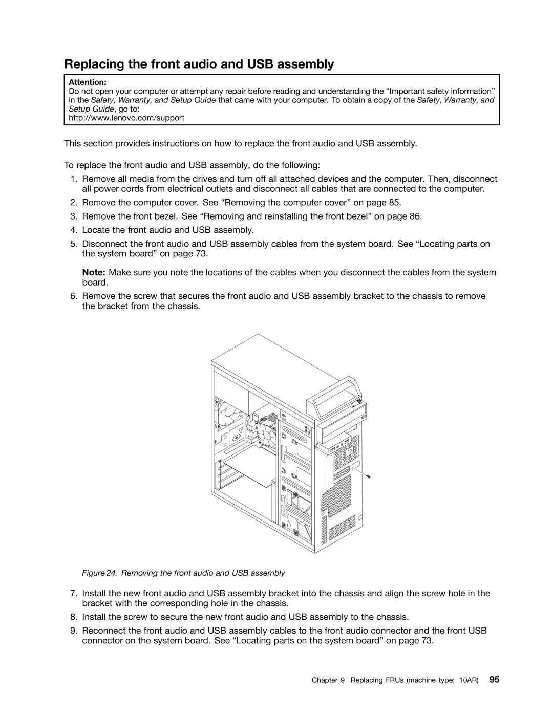 Lenovo E93 manual Replacing the front audio and USB assembly, Removing the front audio and USB assembly 