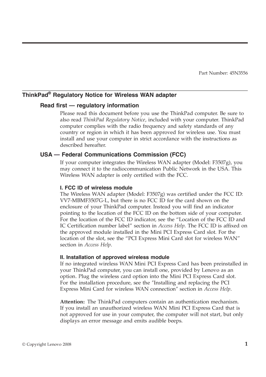 Lenovo 45N3556, F3507g manual USA Federal Communications Commission FCC, FCC ID of wireless module 