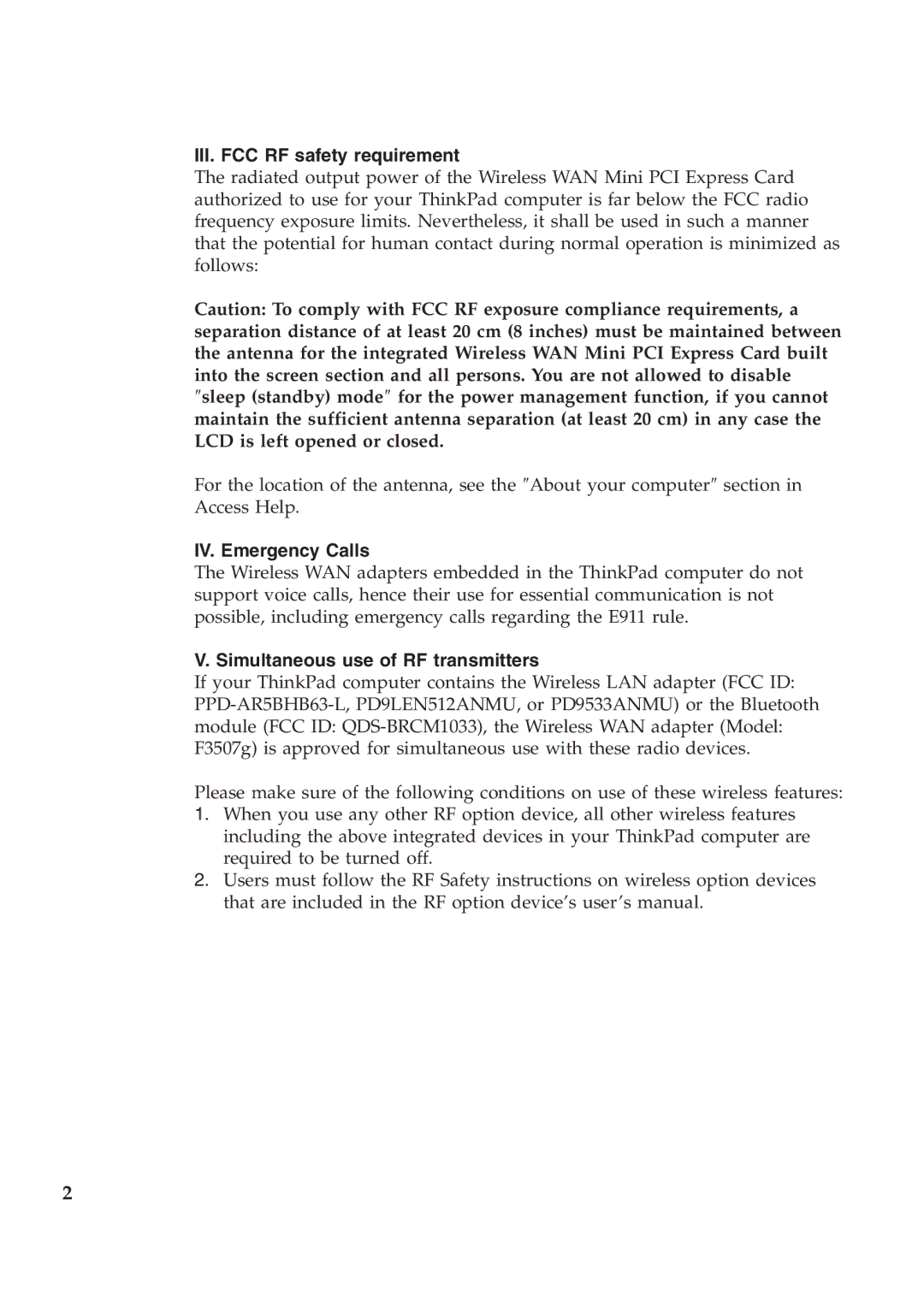 Lenovo F3507g, 45N3556 manual III. FCC RF safety requirement, IV. Emergency Calls, Simultaneous use of RF transmitters 