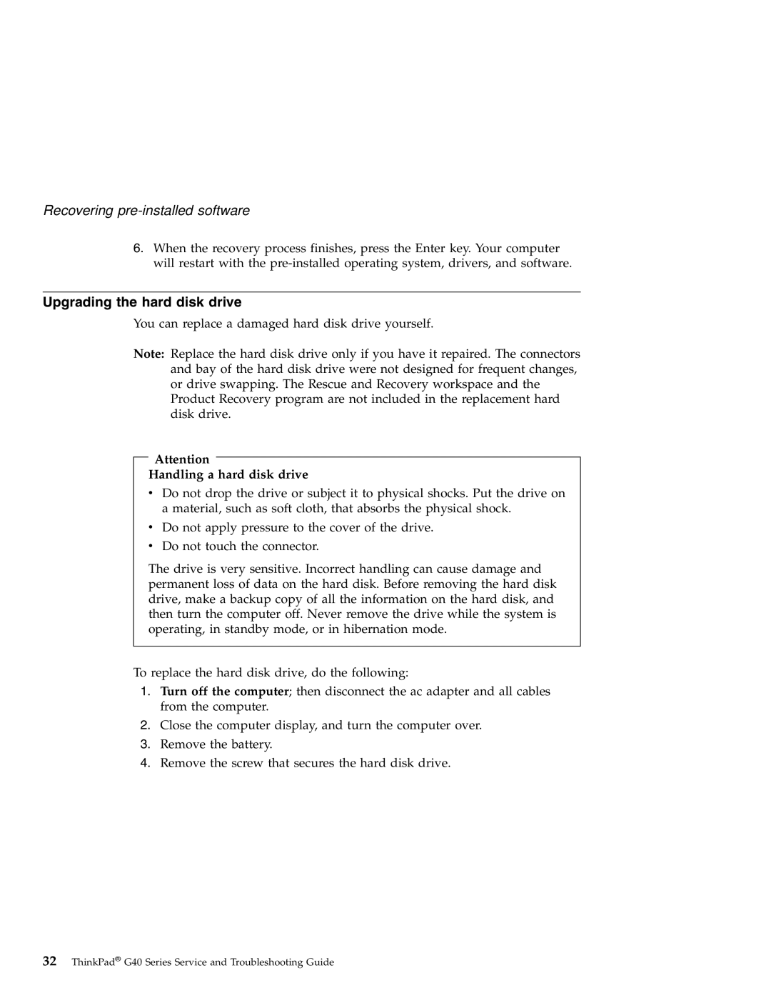 Lenovo G40 Series manual Upgrading the hard disk drive, Handling a hard disk drive 