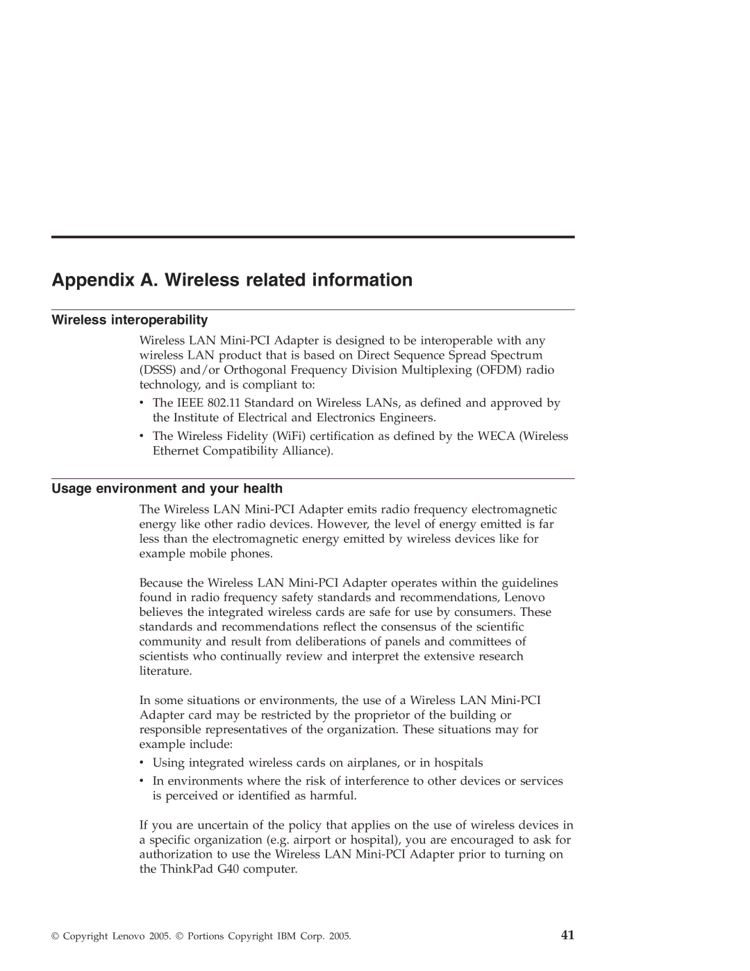 Lenovo G40 Series Appendix A. Wireless related information, Wireless interoperability, Usage environment and your health 