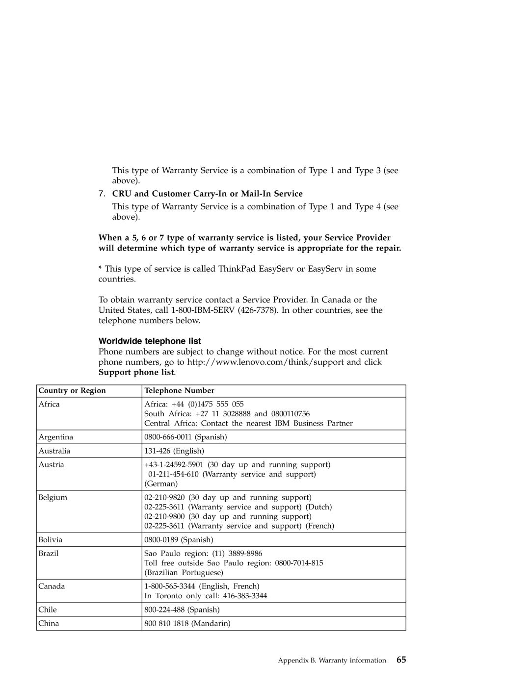 Lenovo G40 Series manual CRU and Customer Carry-In or Mail-In Service, Worldwide telephone list 