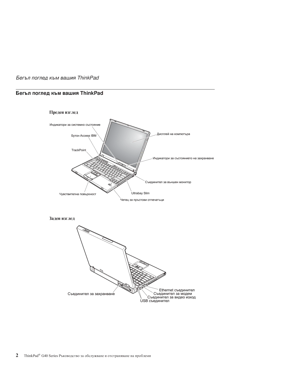 Lenovo G40 manual Бегъл поглед към вашия ThinkPad, Преден изглед Заден изглед 