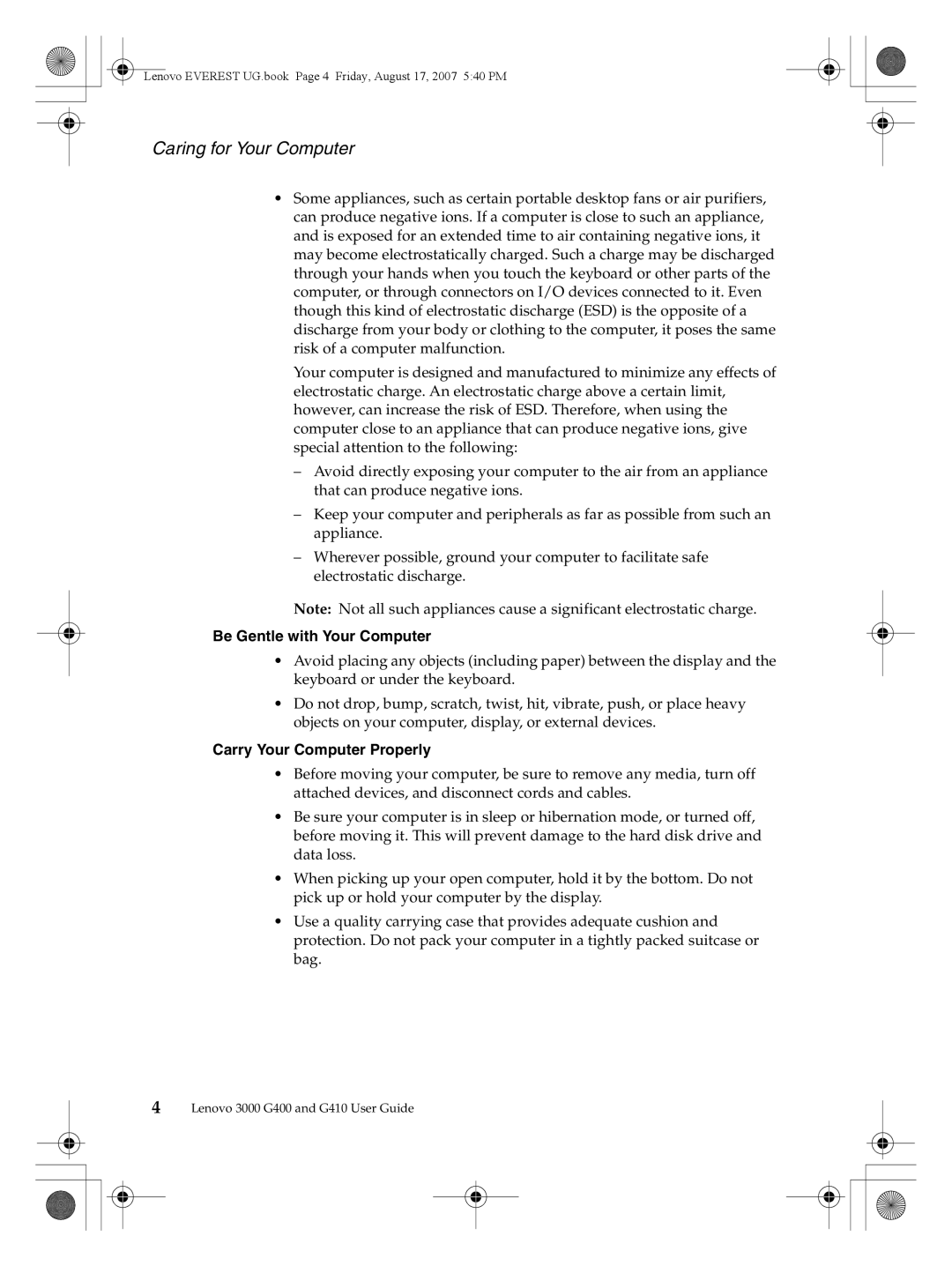 Lenovo G400, G410 warranty Caring for Your Computer, Be Gentle with Your Computer, Carry Your Computer Properly 