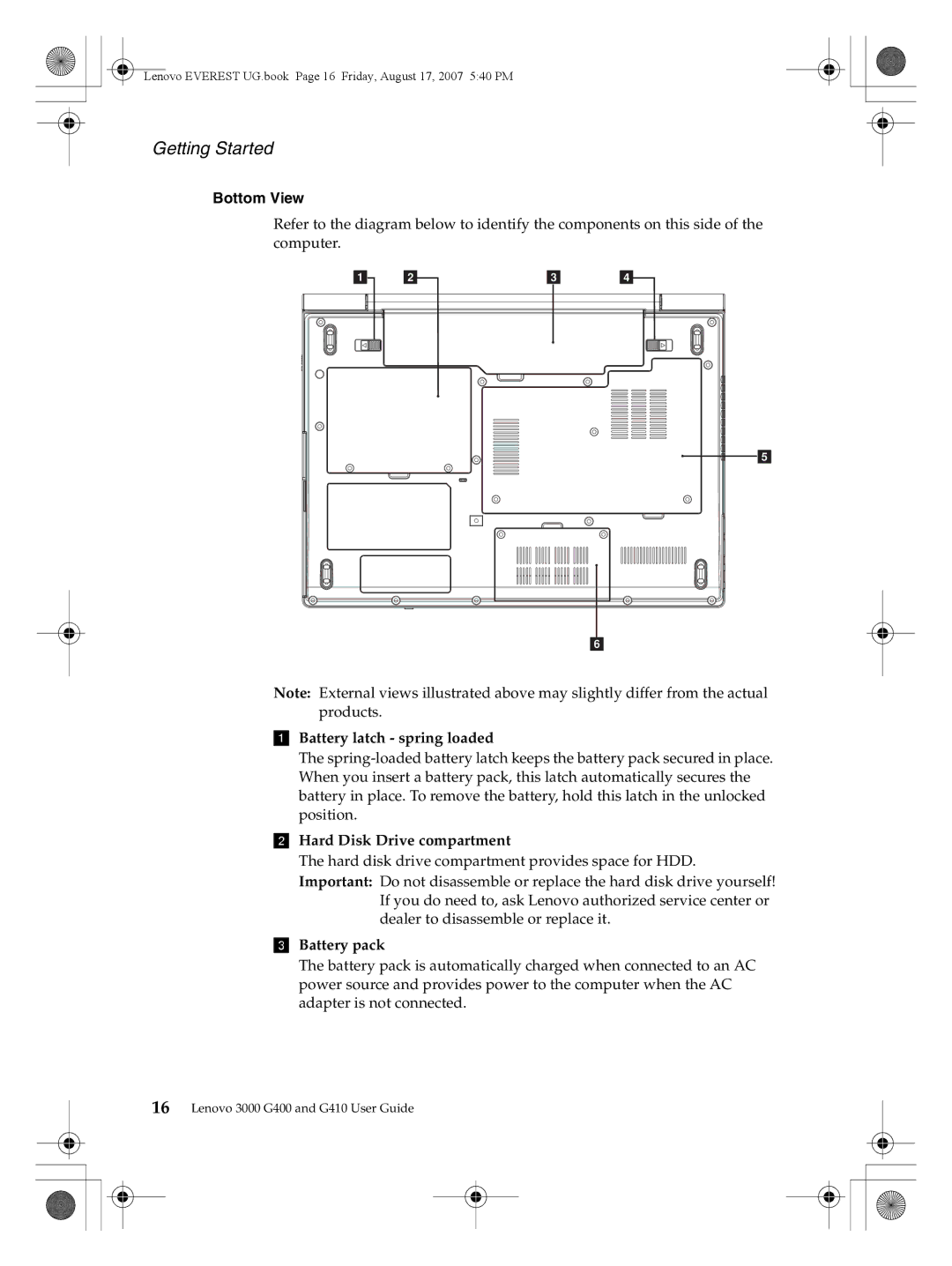 Lenovo G400, G410 warranty Bottom View, Battery latch spring loaded, Hard Disk Drive compartment, Battery pack 