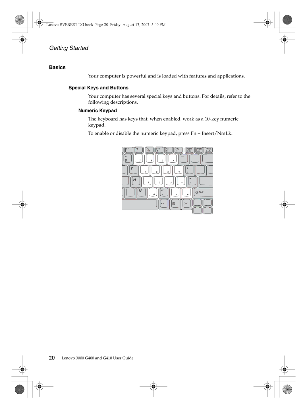 Lenovo G400, G410 warranty Basics, Special Keys and Buttons, Numeric Keypad 