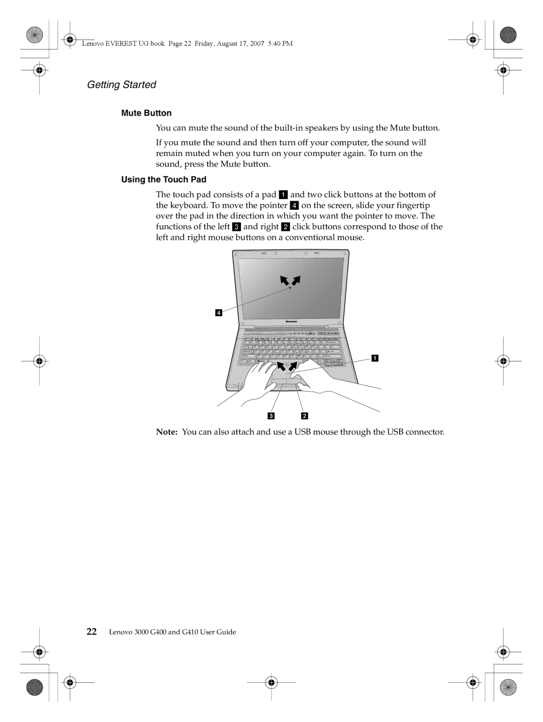 Lenovo G400, G410 warranty Mute Button, Using the Touch Pad 