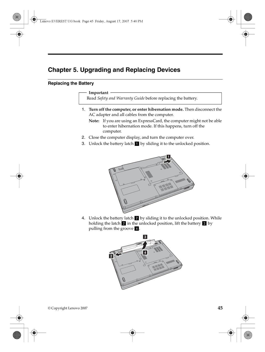 Lenovo G410, G400 warranty Upgrading and Replacing Devices, Replacing the Battery 